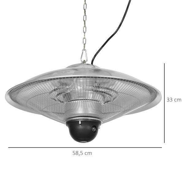 Aquecedor de Jardim Elétrico 1010W/1200W Infravermelho com Controlo Remoto 2 Níveis de Calor Proteção IP44 Ø58,5x33cm Prata