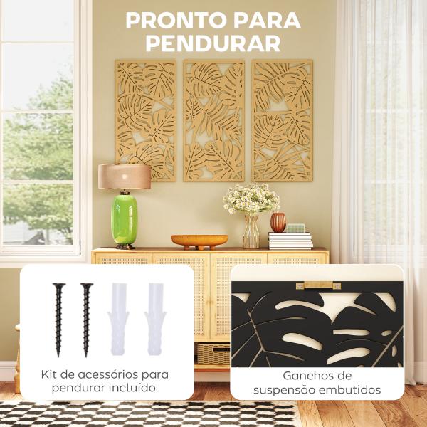 Decoração de Parede de Madeira 3D 3 Peças 40x80 cm Adornos com Padrão de Folhas Tropicais Madeira