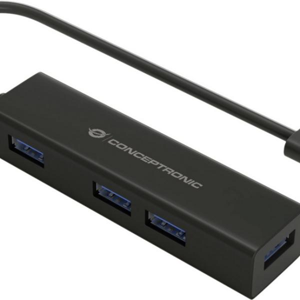 Adaptador Hub 4 - EM - 1 USB - C - 4x USB 3.0 (Preto) - CONCEPTRONIC