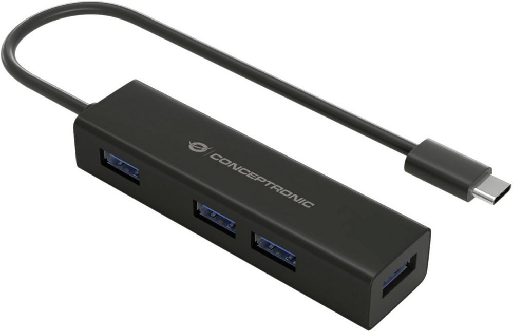 Adaptador Hub 4 - EM - 1 USB - C - 4x USB 3.0 (Preto) - CONCEPTRONIC