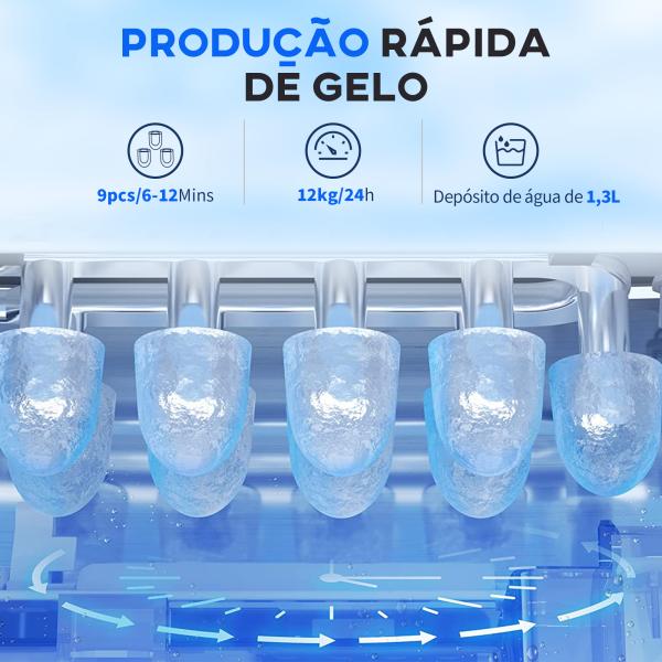 Máquina de Fazer Gelo Silenciosa 12 kg em 24 Horas 9 Cubos em 6 - 12 Minutos Depósito de Água 1,3 L 22,2x29,4x29 cm Preto