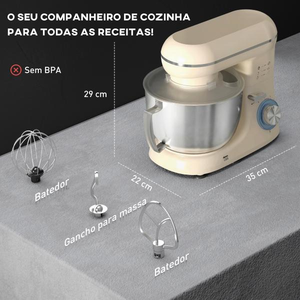Batedeira Planetária 4,5L 1300W 6 Velocidades Taça de Aço Inoxidável Batedor Gancho Varas Bege