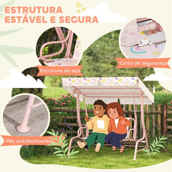 Baloiço de Jardim para Crianças com 2 Lugares Toldo Ajustável Cinto de Segurança e Desenho de Borboletas 112x75x120 cm Rosa