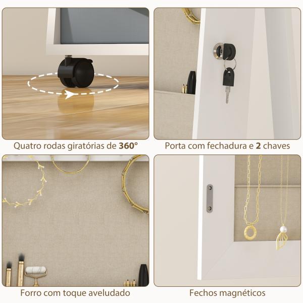 Espelho Armário de Jóias com Luzes LED Rodas Giratórias 360° Prateleiras Abertas Gavetas de Tecido Branco