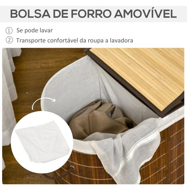Cesto de Roupa de Bambu Capacidade de 100L Cesto para Roupa Suja com Bolsa de 2 Compartimentos 62,5x37x60,5cm Marrom