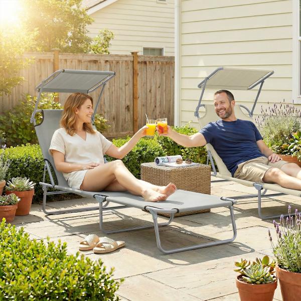 Espreguiçadeira de Jardim Dobrável com Toldo Removível e Ajustável e Encosto Ajustável em 4 Posições 187x58x36 cm Cinza Claro