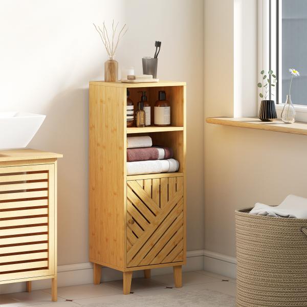 Armário de Casa de Banho Estreito Móvel Auxiliar de Casa de Banho 32x30x90 cm com 2 Prateleiras Abertas e Pés de Bambu Madeira
