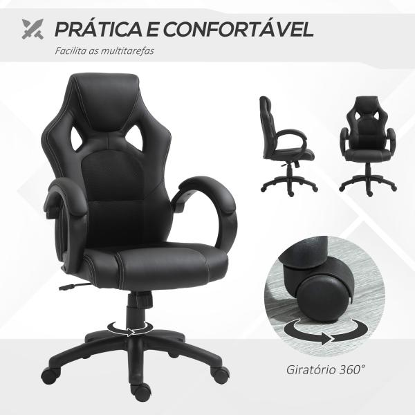 Cadeira de Escritório Ergonómica Cadeira de Escritório Giratória com Altura Ajustável Encosto Alto Estofado em Couro PU e Malha Transpirável 71x61x108 - 118cm Preto