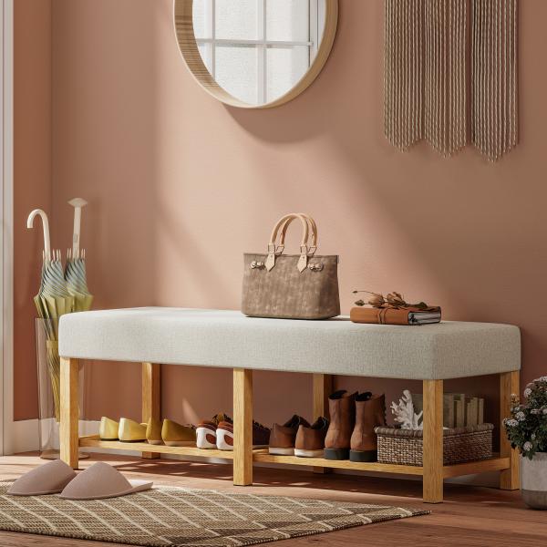 Banco Sapateira com Assento Acolchoado para 2 Pessoas Prateleira Aberta Estrutura de Madeira 140x44x48 cm, Creme e Madeira