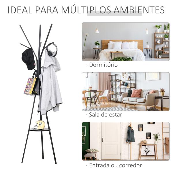 Cabide de Pé Metálico para Pendurar Roupa Bolsas com 9 Ganchos e Prateleira Cabide de Pé Moderno 45x45x180 cm Preto