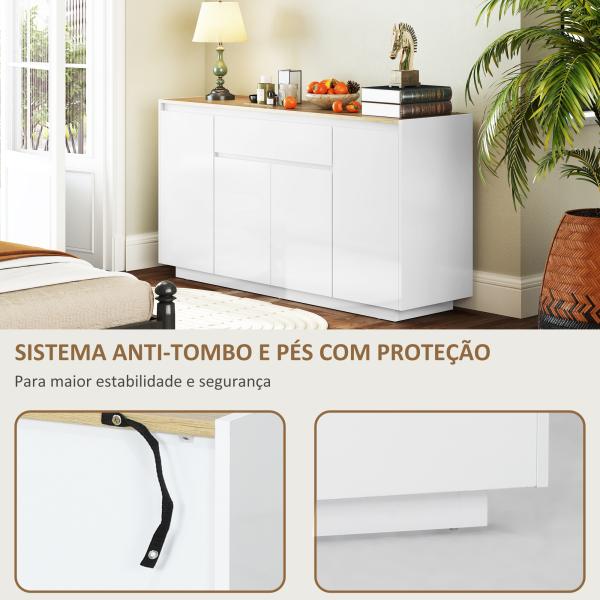 Aparador de Sala de Estar com 4 Portas Gaveta e Prateleiras Ajustáveis 140x40x75 cm Madeira e Branco Brilhante