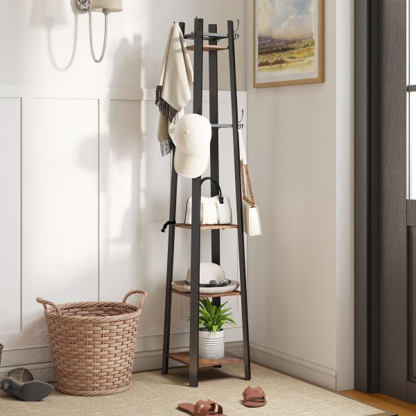 Cabideiro de Pé com 4 Níveis 4 Prateleiras 8 Ganchos com Estrutura Metálica para Pendurar Roupas e Chapéus Marrom Rústico