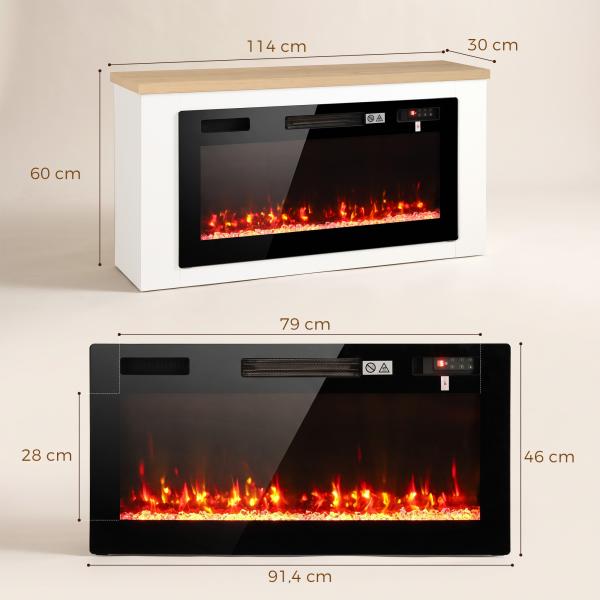 Lareira Elétrica de Pé 900/1800 W com Móvel para TV até 55", 12 Cores de Chama 3D, 5 Níveis de Brilho, Comando à Distância, para 35 m², Branco