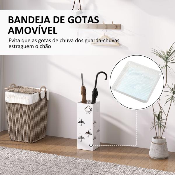 Suporte para Guarda Chuva de Aço com 4 Ganchos e Bandeja de Gotejamento Amovível 15,5x15,5x41 cm Branco
