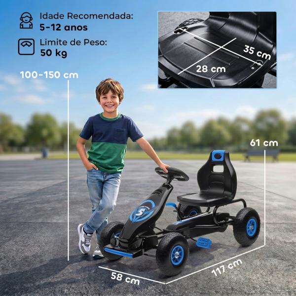 Kart a Pedais para Crianças 5 - 12 Anos com Assento Ajustável Pneus Insufláveis Amortecimento e Travão de Mão 121x58x61cm Azul