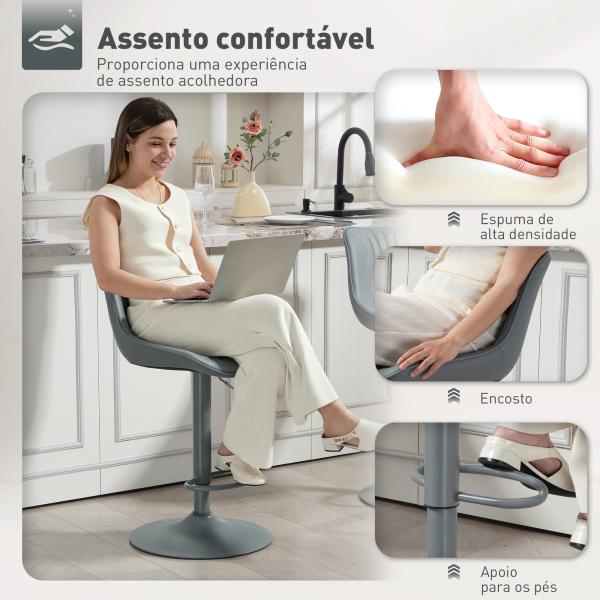 Conjunto de 2 Bancos de Bar Bancos Altos de Cozinha Giratórios com Altura Ajustável e Couro Sintético 47,5x54x92 - 110 cm Cinzento