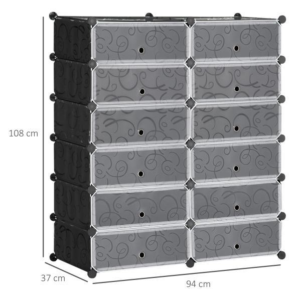 Sapateira Modular de Cubos de Plástico Armário Modular para Sapatos com 12 Cubos com Porta Desenho de DIY 94x37x108 cm Preto