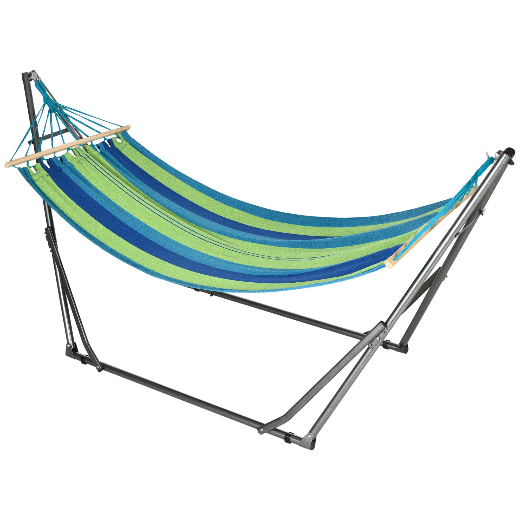 Cama Rede com Suporte Dobrável 2 em 1 Estendal com Barra Estrutura de Aço para Jardim 270x100x94 cm Azul e Verde