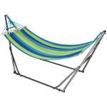 Cama Rede com Suporte Dobrável 2 em 1 Estendal com Barra Estrutura de Aço para Jardim 270x100x94 cm Azul e Verde