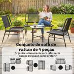 Conjunto Jardim de Vime com 4 Peças Inclui Sofá de 2 Lugares 2 Poltronas e Mesa de Centro com Tampo Metálico Preto