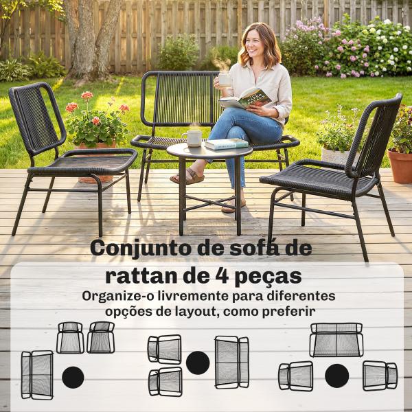 Conjunto Jardim de Vime com 4 Peças Inclui Sofá de 2 Lugares 2 Poltronas e Mesa de Centro com Tampo Metálico Preto