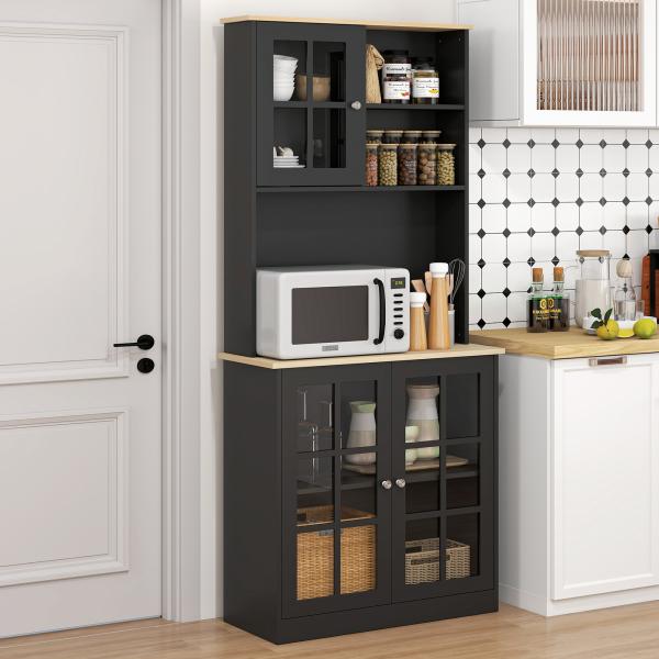 Armário de Cozinha com Prateleiras e Portas de Vidro Armário Alto de Cozinha para Pequenos Eletrodomésticos e Louças 80x37x183 cm Preto