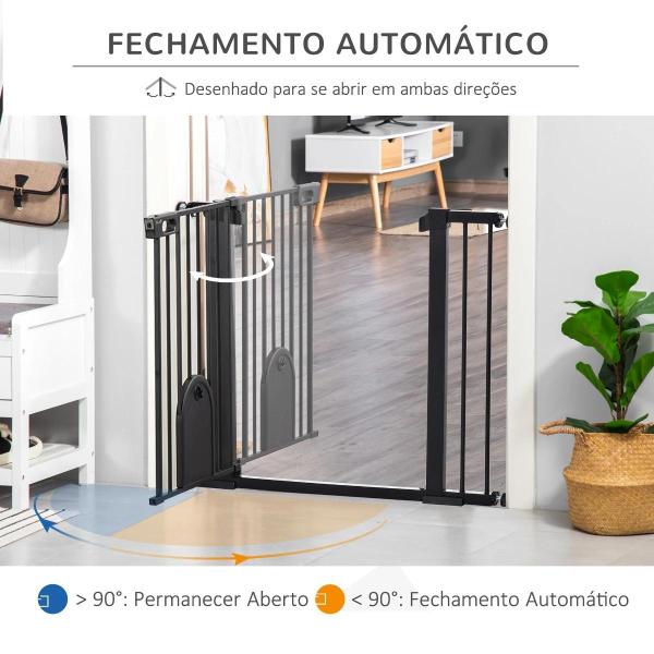 Barreira de Segurança de Cães Animais de Estimação para Escadas e Portas 75 - 103cm com 2 Extensões Fechamento Automático e Sistema de Duplo Bloqueio Aço Preto