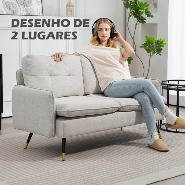 Sofá de 2 Lugares Moderno Estofado em Poliéster com 4 Almofadas Apoio para os Braços e Pés de Aço 139x68x80 cm Creme