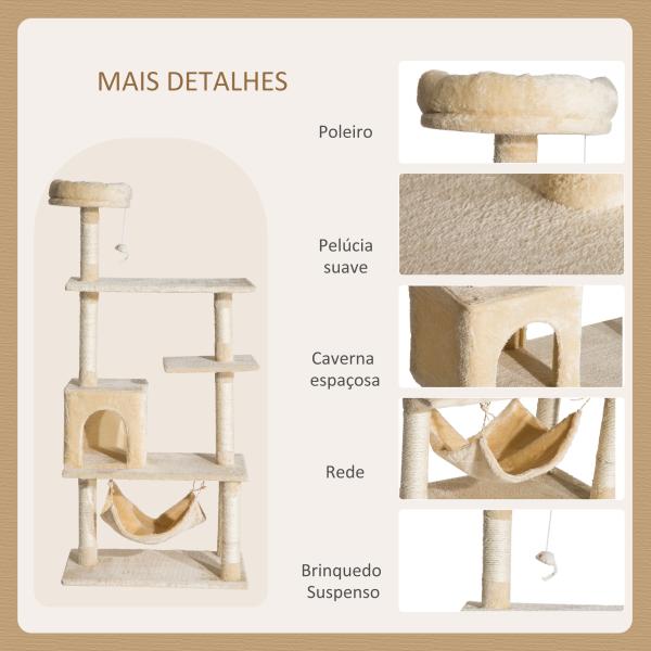 Árvore Arranhador para Gatos com plataformas múltiples Brinquedo suspenso Caverna espaçosa Rede macia Postes de coçar 70x40x152 cm Bege