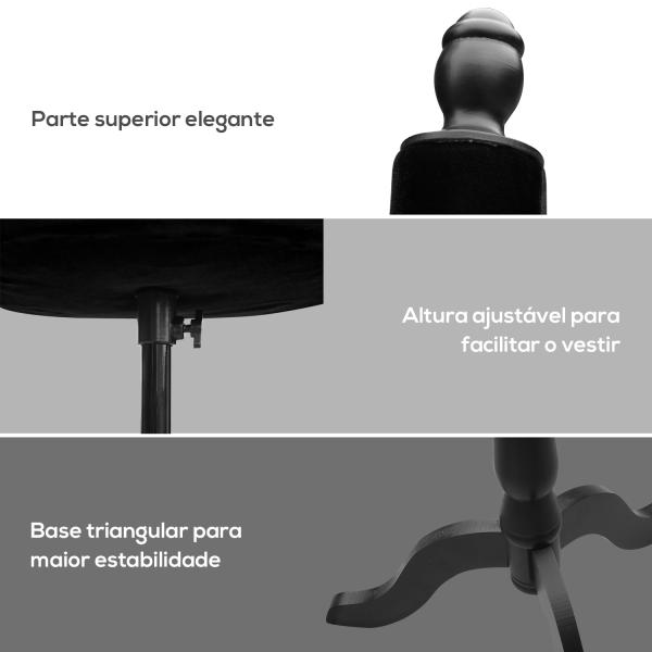 Manequim de Costura Feminino Manequim de Costura Ajustável a 130 - 168 cm com Tripé de Madeira Preto