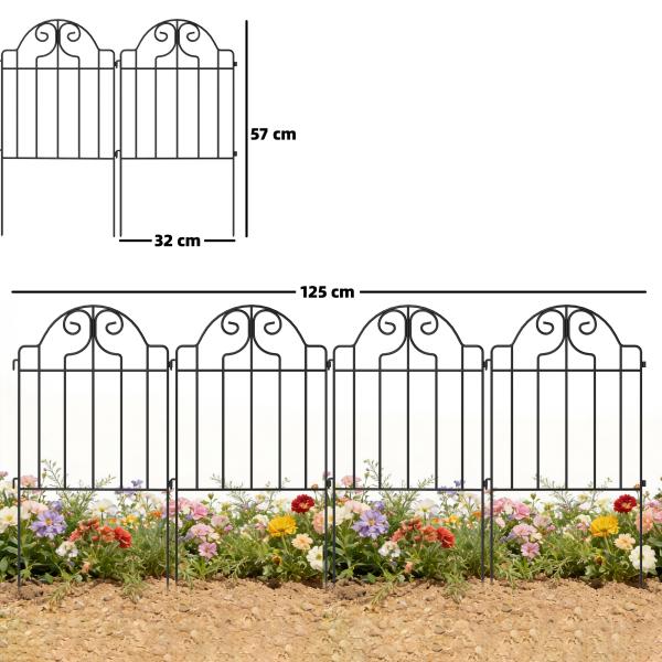Conjunto de 4 Cercas de Jardim Metálicas 125x57 cm com Design Arqueado Resistente e Fácil de Instalar para Pátio Relva Preto