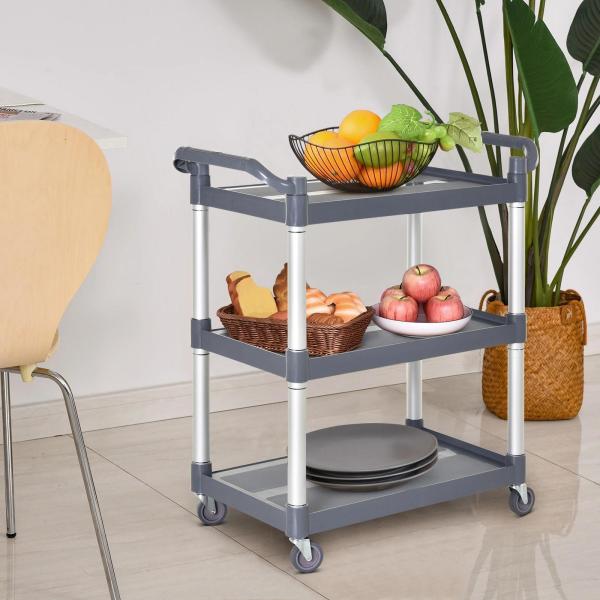 Carrinho Auxiliar com Rodas e 3 Prateleiras Carrinho de Cozinha com Armazenamento Carga 105 kg 88x44x93 cm Cinza