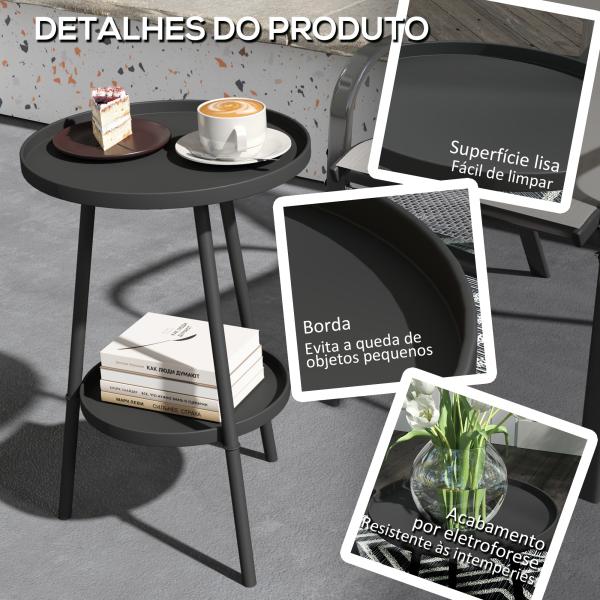 Mesa de Jardim Redonda de 2 Níveis Mesa de Exterior Ø32x51 cm com Bandeja Inferior e Estrutura de Metal Preto