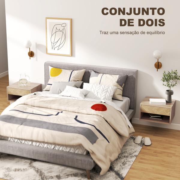 Conjunto de 2 Mesas de Cabeceira Suspensas com Gaveta e Compartimento para Quarto Sala 37x32x21 cm Madeira