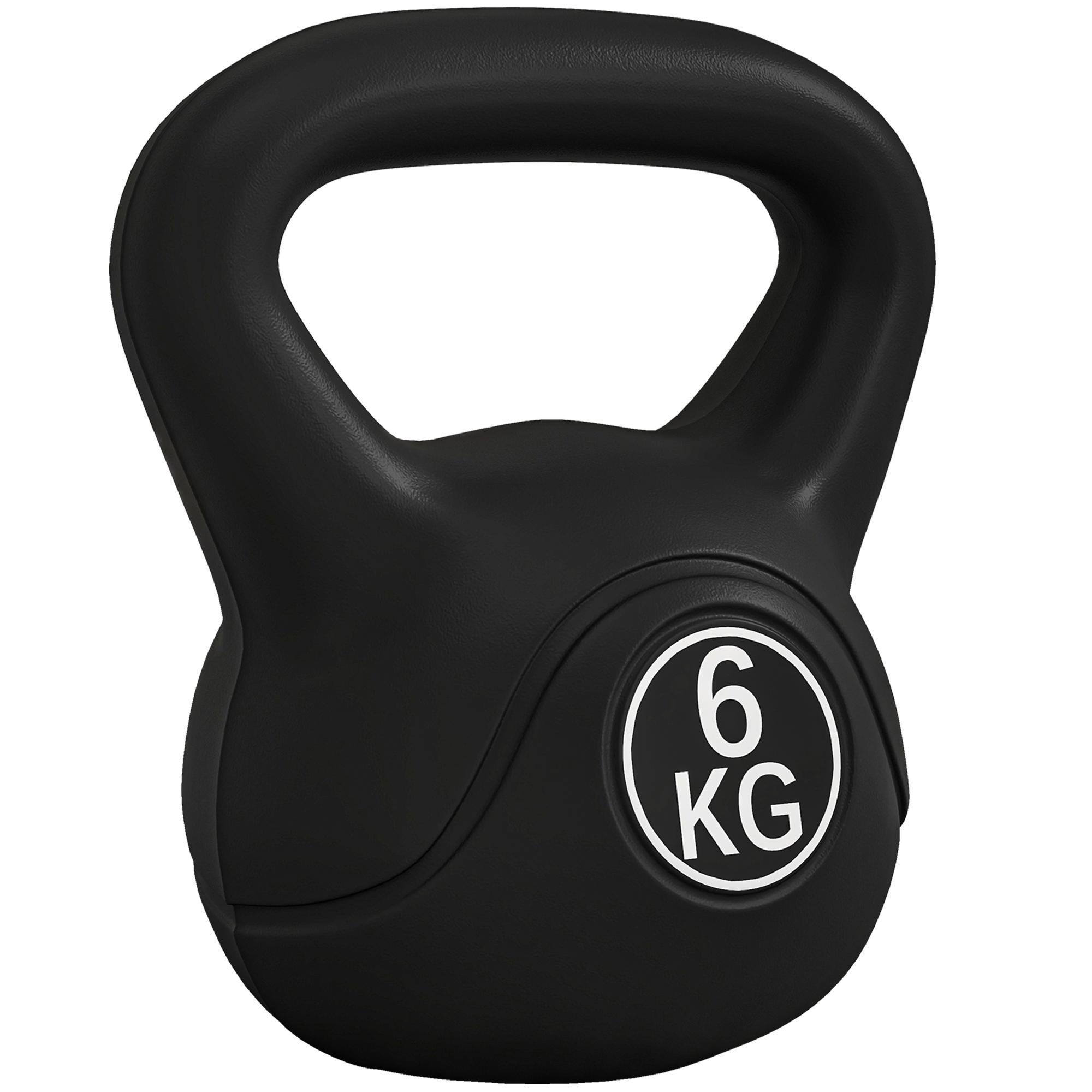 Peso Russo de 6 kg Kettlebell Fitness Preenchido de Areia com Punho Largo Antiderrapante 20x13x22 cm Preto