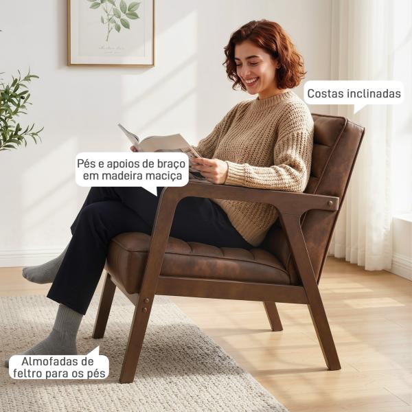 Poltrona Vintage Estofada em Couro Sintético com Almofada Espessa Estrutura em Madeira Maciça 64x79,5x80 cm Castanho