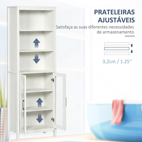Armário Alto de Casa de Banho com 2 Portas de Vidro e 3 Prateleiras Armário Auxiliar Estilo Moderno 53x30x162cm Branco