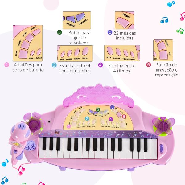 Piano Eléctrico Infantil 32 Teclas Piano Infantil com Microfone Banquinho Luzes Ritmos Sons MP3 Karaoke Rosa