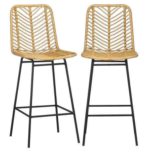 Bancos Altos de Cozinha em Vime Sintético Bancos de Bar Modernos com Pés de Aço 42,5x52x102 cm Madeira e Preto