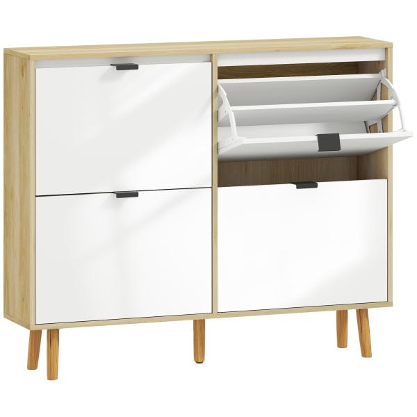 Sapateira Estreita com 4 Portas em Branco Brilho Prateleiras Ajustáveis Pernas de Madeira para 20 Pares de Sapatos 105x24x92,5 cm