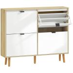Sapateira Estreita com 4 Portas em Branco Brilho Prateleiras Ajustáveis Pernas de Madeira para 20 Pares de Sapatos 105x24x92,5 cm