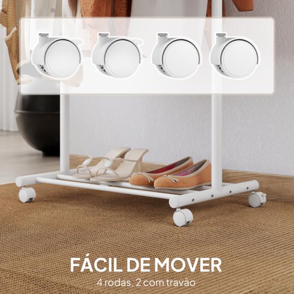 Charriot com Rodas 5 Ganchos Barra para Pendurar e Prateleira Inferior 68x43x171 cm Branco