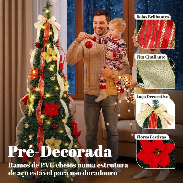 Árvore de Natal Desdobrável 180 cm com 100 Luzes LED, 11 Modos, Comando à Distância e Decoração Incluída, Verde