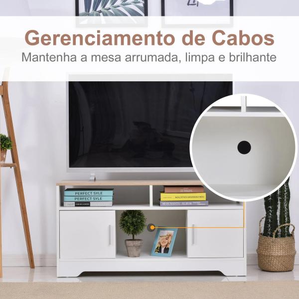Móvel de TV para Sala de Estar com Espaço de Arrumação Prateleiras Abertas Orifício Passa Cabos 105x40x52 cm Branco e Madeira