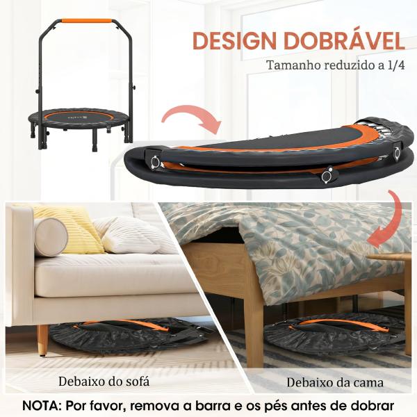 Trampolim Fitness Ø102 Trampolim Dobrável com Pega Ajustável em 4 Níveis Estrutura de Aço Preto e Laranja