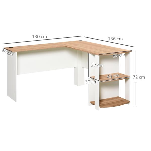 Secretária de Canto 136x130x72 cm com Prateleiras Mesa de Computador em Forma de L para Escritório Casa Branco e Madeira