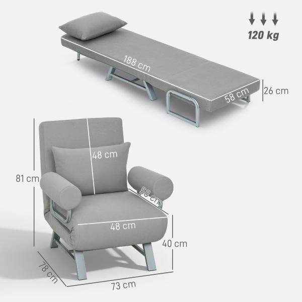 Sofá Cama Dobrável Estofado em Linho Sintético com Encosto Ajustável em 5 Níveis e Almofada Acolchoada 73x78x81 cm Cinzento Claro