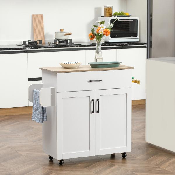 Carrinho de Cozinha com 1 Gaveta Suporte para Panos e Especies Carrinho Auxiliar com Rodas 105x36x85cm Branco