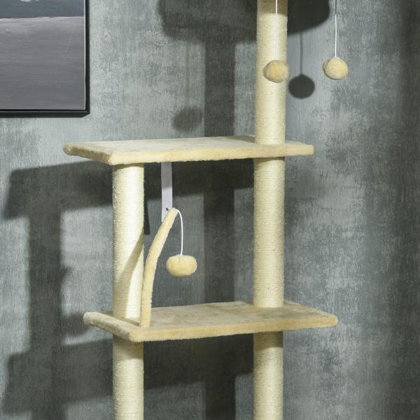 Arranhador para Gatos do Solo ao Teto de 230 - 250 cm com Altura Ajustável Múltiplas Plataformas Rede Bolas Suspensas Bege