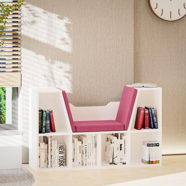 Estante Infantil com Assento Estante com 6 Cubos e Banco com Almofada 102x30x61cm Branco e Rosa